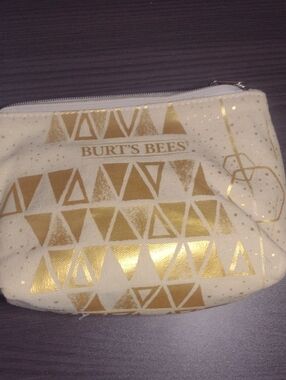 Burt's Bees Cream Cosmetic Pouch with Metallic Gold Triangle Pattern
